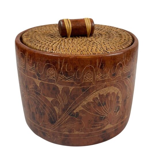 Market Bazaar Stoneware Ceramic Terracotta Canister Woven Lid 5x6.5 Rustic Boho - Picture 8 of 8